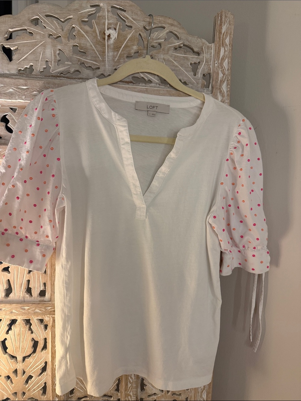 LOFT Cream Knit Top with Pink Polka-Dot Puff Sleeves